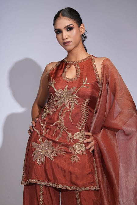 Shruti S_Orange Modal, Satin Embroidery, Zari, Sequins Keyhole Hand-embroidered Kurta Set _at_Aza_Fashions