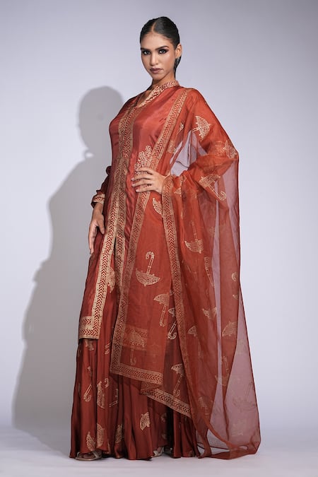 Shruti S_Orange Silk, Modal, Satin, Organza Hand Block Printed Kurta Sharara Set _Online_at_Aza_Fashions