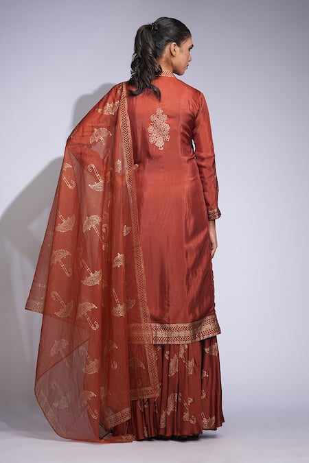 Shruti S Orange Hand Block Printed Kurta Sharara Set 