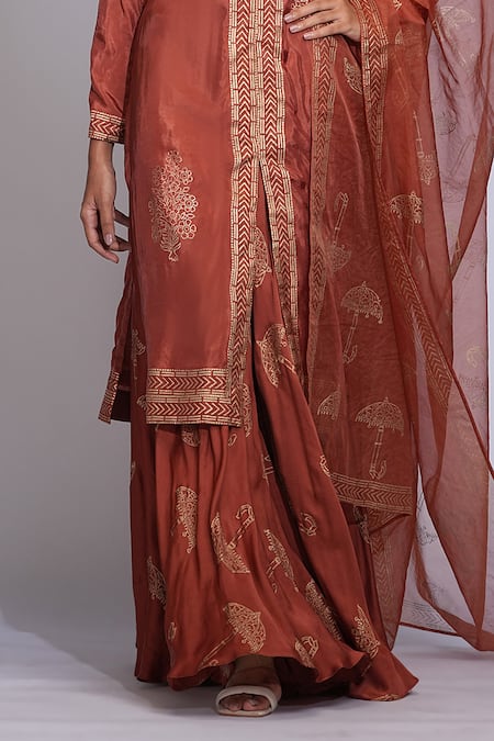 Buy_Shruti S_Orange Silk, Modal, Satin, Organza Hand Block Printed Kurta Sharara Set _Online_at_Aza_Fashions