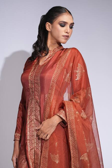 Shop_Shruti S_Orange Silk, Modal, Satin, Organza Hand Block Printed Kurta Sharara Set _Online_at_Aza_Fashions