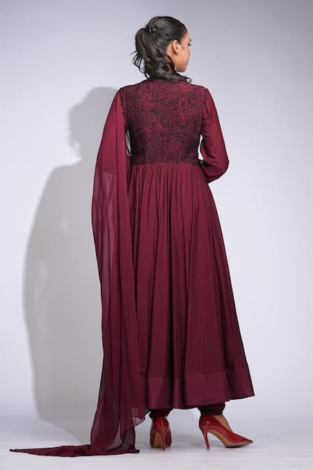 Shruti S Wine Thread Work Anarkali Set 