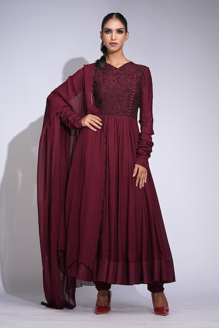Shruti S Wine Cotton, Georgette Embroidery V-neck Thread Work Anarkali Set 