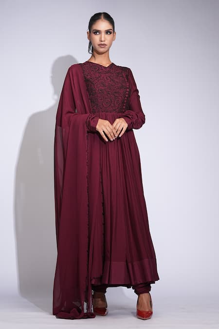 Buy_Shruti S_Wine Cotton, Georgette Embroidery V-neck Thread Work Anarkali Set _Online_at_Aza_Fashions