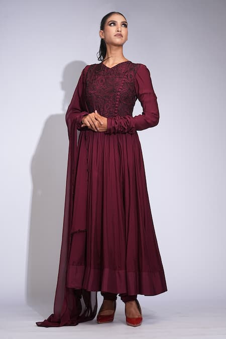 Shop_Shruti S_Wine Cotton, Georgette Embroidery V-neck Thread Work Anarkali Set _Online_at_Aza_Fashions