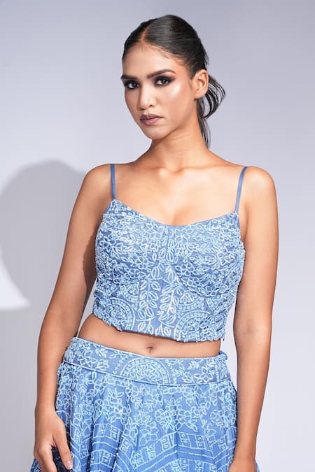 Shruti S_Blue Silk, Organza Sequins Sweetheart Neck Lehenga Set _Online_at_Aza_Fashions