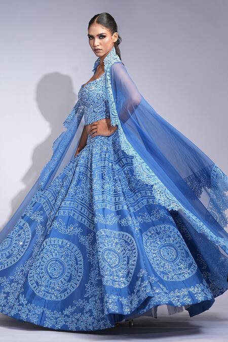 Shruti S_Blue Silk, Organza Sequins Sweetheart Neck Lehenga Set _at_Aza_Fashions