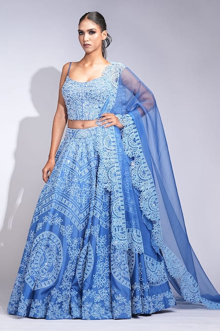 Shruti S Blue Silk, Organza Sequins Sweetheart Neck Lehenga Set 