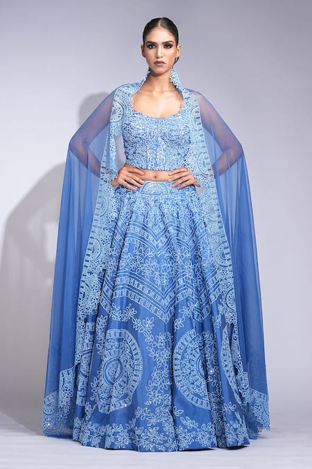 Buy_Shruti S_Blue Silk, Organza Sequins Sweetheart Neck Lehenga Set 