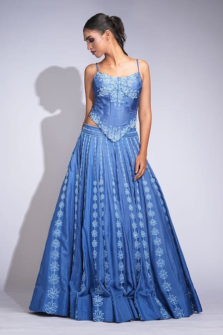 Shruti S Blue Silk, Organza Sequins, Embroidery Square Neck Lehenga Set Online at Aza Fashions Shruti S_Blue Silk, Organza Sequins, Embroidery Square Neck Lehenga Set _Online_at_Aza_Fashions