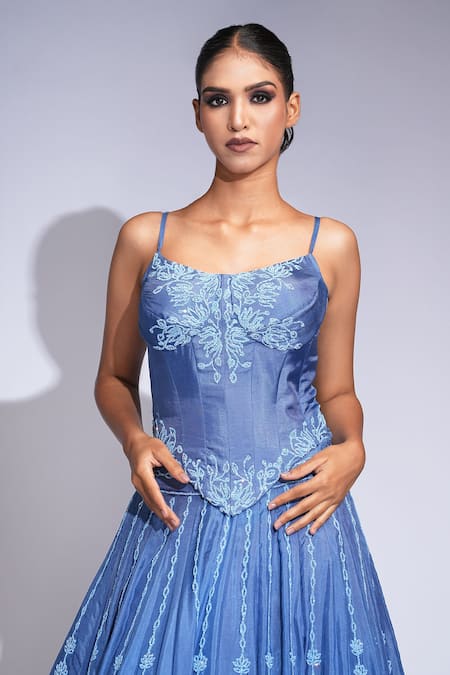 Shop Shruti S Blue Silk, Organza Sequins, Embroidery Square Neck Lehenga Set Online at Aza Fashions Shop_Shruti S_Blue Silk, Organza Sequins, Embroidery Square Neck Lehenga Set _Online_at_Aza_Fashions