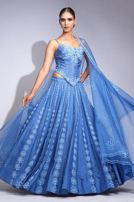 Shruti S Blue Silk, Organza Sequins, Embroidery Square Neck Lehenga Set at Aza Fashions Shruti S_Blue Silk, Organza Sequins, Embroidery Square Neck Lehenga Set _at_Aza_Fashions