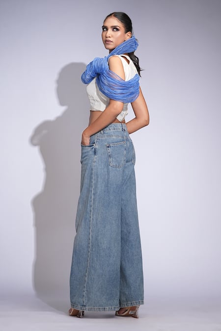 Shruti S_Blue Silk, Organza Crew Neck Shoulder Drape Top _Online_at_Aza_Fashions