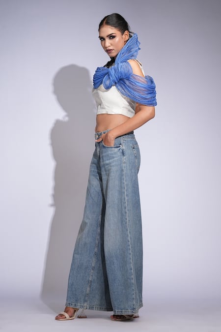 Buy_Shruti S_Blue Silk, Organza Crew Neck Shoulder Drape Top _Online_at_Aza_Fashions