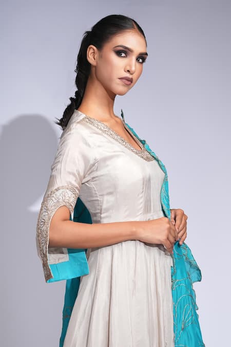 Shruti S Beige Silk, Shantoon, Organza Zari, Embroidery V-neck Anarkali Set Online at Aza Fashions Shruti S_Beige Silk, Shantoon, Organza Zari, Embroidery V-neck Anarkali Set _Online_at_Aza_Fashions