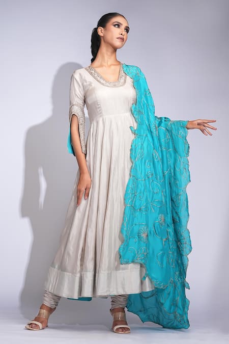 Buy Shruti S Beige Silk, Shantoon, Organza Zari, Embroidery V-neck Anarkali Set Online at Aza Fashions Buy_Shruti S_Beige Silk, Shantoon, Organza Zari, Embroidery V-neck Anarkali Set _Online_at_Aza_Fashions