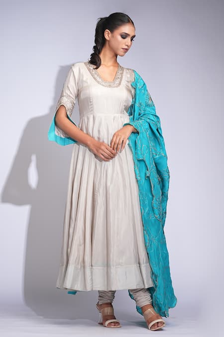 Shruti S Beige Silk, Shantoon, Organza Zari, Embroidery V-neck Anarkali Set 