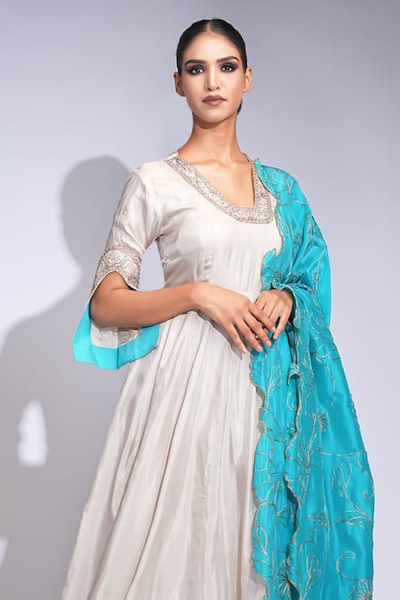 Shruti S Beige Silk, Shantoon, Organza Zari, Embroidery V-neck Anarkali Set at Aza Fashions Shruti S_Beige Silk, Shantoon, Organza Zari, Embroidery V-neck Anarkali Set _at_Aza_Fashions