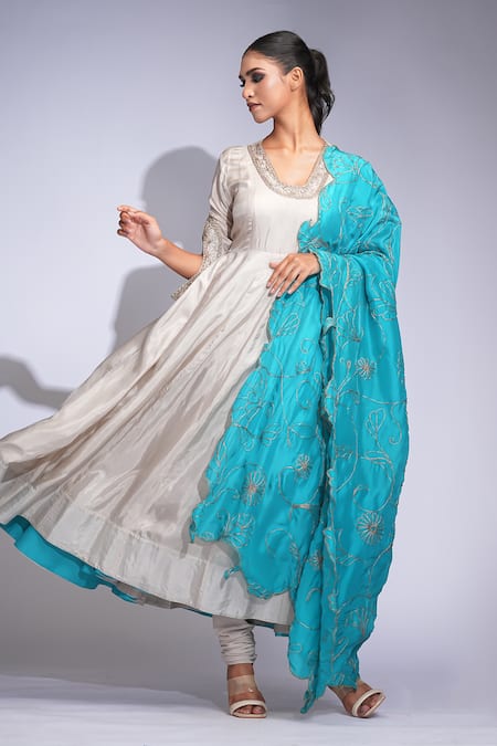 Shruti S Beige Silk Anarkali Set  