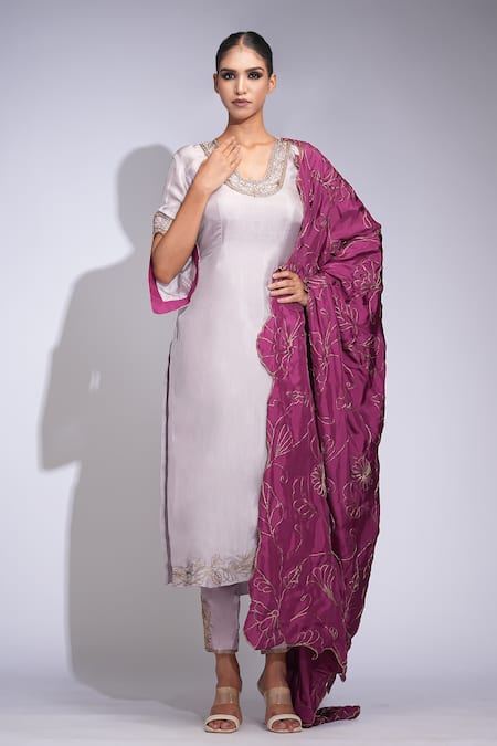 Shruti S Purple Silk, Organza Zari, Embroidery Kurta Pant Set 