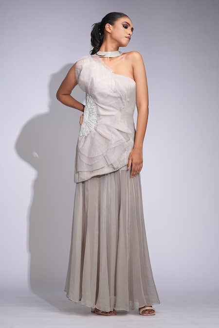 Shruti S Beige Satin, Organza, Georgette Sequins, Beads Asymmetric Tunic Skirt Set