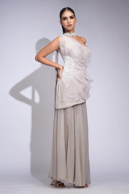 Shruti S Beige Satin, Organza, Georgette Sequins, Beads Asymmetric Tunic Skirt Set Online at Aza Fashions Shruti S_Beige Satin, Organza, Georgette Sequins, Beads Asymmetric Tunic Skirt Set _Online_at_Aza_Fashions