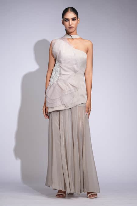 Buy Shruti S Beige Satin, Organza, Georgette Sequins, Beads Asymmetric Tunic Skirt Set Online at Aza Fashions Buy_Shruti S_Beige Satin, Organza, Georgette Sequins, Beads Asymmetric Tunic Skirt Set _Online_at_Aza_Fashions