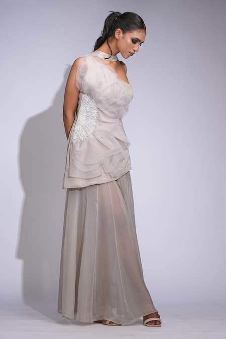 Shop Shruti S Beige Satin, Organza, Georgette Sequins, Beads Asymmetric Tunic Skirt Set Online at Aza Fashions Shop_Shruti S_Beige Satin, Organza, Georgette Sequins, Beads Asymmetric Tunic Skirt Set _Online_at_Aza_Fashions