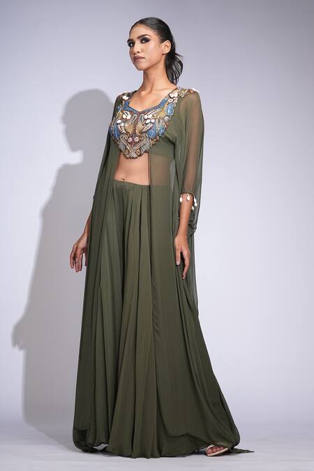 Shruti S_Green Georgette Sequins, Embroidery Round Neck Asymmetric Tunic And Sharara Set _Online_at_Aza_Fashions