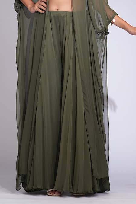 Buy_Shruti S_Green Georgette Sequins, Embroidery Round Neck Asymmetric Tunic And Sharara Set _Online_at_Aza_Fashions