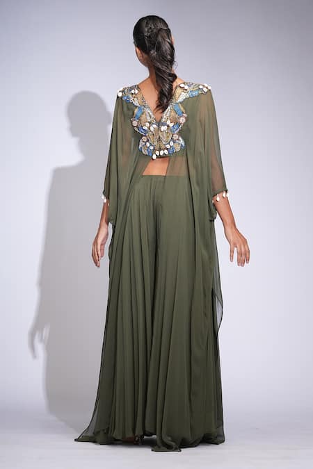 Shruti S Green Georgette Asymmetric Tunic & Sharara Set 