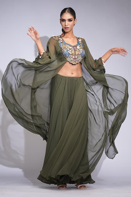 Shop_Shruti S_Green Georgette Sequins, Embroidery Round Neck Asymmetric Tunic And Sharara Set _Online_at_Aza_Fashions