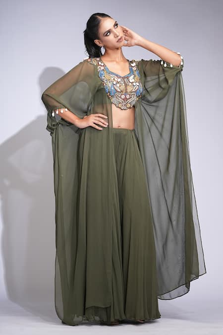 Shruti S_Green Georgette Sequins, Embroidery Round Neck Asymmetric Tunic And Sharara Set _at_Aza_Fashions