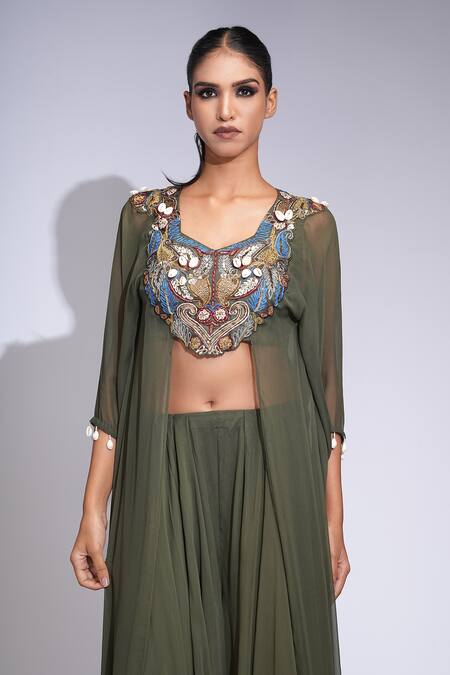 Buy_Shruti S_Green Georgette Sequins, Embroidery Round Neck Asymmetric Tunic And Sharara Set 