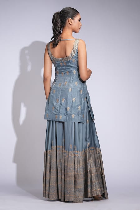 Shruti S Grey Hand Block Printed Kurta Sharara Set 