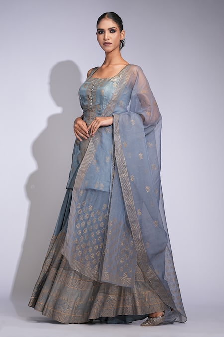 Shruti S_Gray Silk, Modal, Organza Embroidery Grey Hand Block Printed Kurta Sharara Set _Online_at_Aza_Fashions