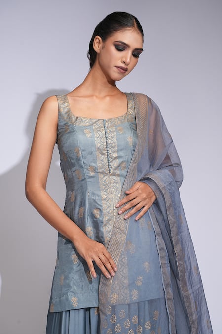 Shop_Shruti S_Gray Silk, Modal, Organza Embroidery Grey Hand Block Printed Kurta Sharara Set _Online_at_Aza_Fashions