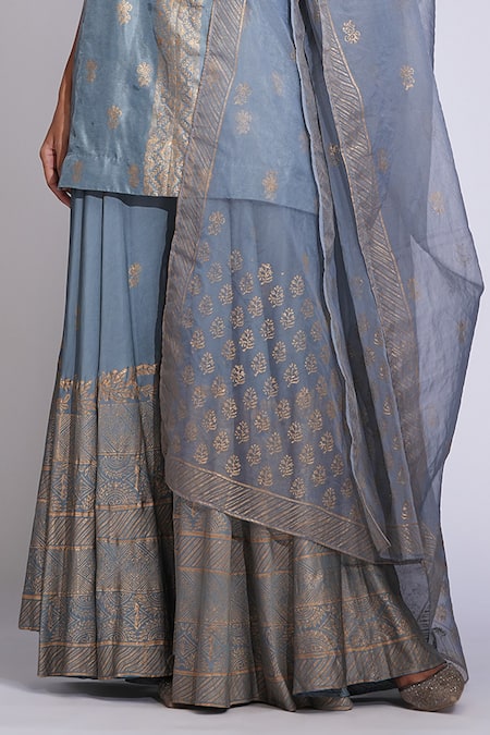 Shruti S_Gray Silk, Modal, Organza Embroidery Grey Hand Block Printed Kurta Sharara Set _at_Aza_Fashions