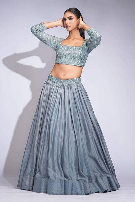 Shruti S_Gray Silk, Organza Sequins Square Neck Grey Lehenga Set _Online_at_Aza_Fashions