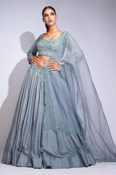 Buy_Shruti S_Gray Silk, Organza Sequins Square Neck Grey Lehenga Set _Online_at_Aza_Fashions
