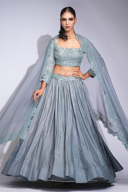 Shop_Shruti S_Gray Silk, Organza Sequins Square Neck Grey Lehenga Set _Online_at_Aza_Fashions