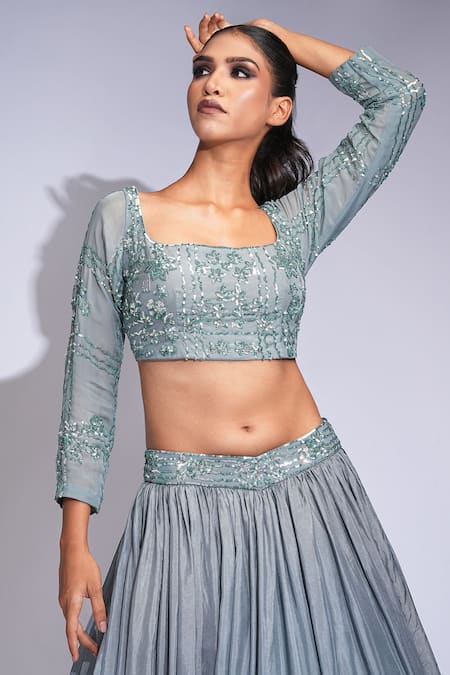 Shruti S_Gray Silk, Organza Sequins Square Neck Grey Lehenga Set _at_Aza_Fashions