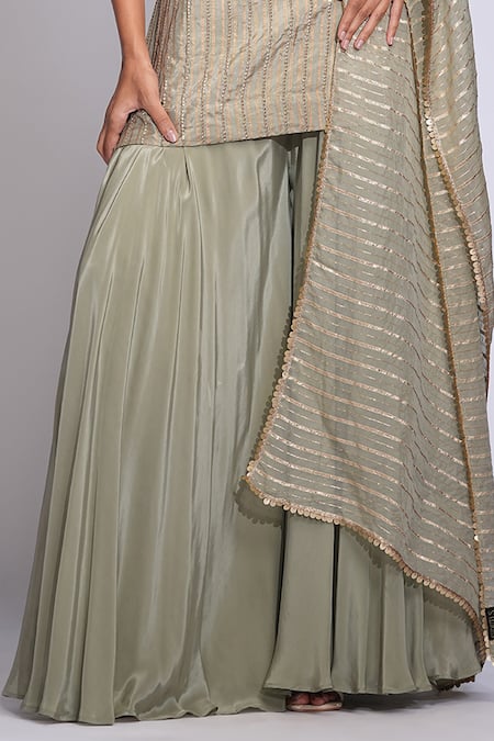 Shruti S Green Silk, Crepe, Organza Sequins, Pearls Round Embroidered Kurta Sharara Set Online at Aza Fashions Shruti S_Green Silk, Crepe, Organza Sequins, Pearls Round Embroidered Kurta Sharara Set _Online_at_Aza_Fashions