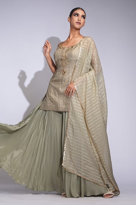 Shop Shruti S Green Silk, Crepe, Organza Sequins, Pearls Round Embroidered Kurta Sharara Set Online at Aza Fashions Shop_Shruti S_Green Silk, Crepe, Organza Sequins, Pearls Round Embroidered Kurta Sharara Set _Online_at_Aza_Fashions