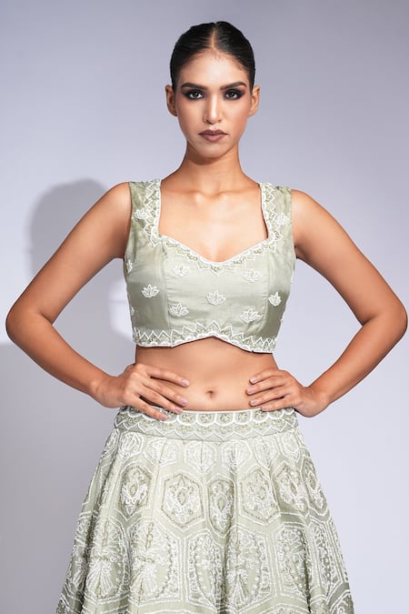 Shruti S Green Silk, Organza Sequins, Pearls Sweetheart Neck Designer Lehenga Set Online at Aza Fashions Shruti S_Green Silk, Organza Sequins, Pearls Sweetheart Neck Designer Lehenga Set _Online_at_Aza_Fashions