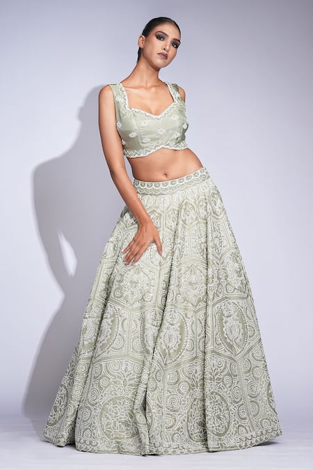 Buy Shruti S Green Silk, Organza Sequins, Pearls Sweetheart Neck Designer Lehenga Set Online at Aza Fashions Buy_Shruti S_Green Silk, Organza Sequins, Pearls Sweetheart Neck Designer Lehenga Set _Online_at_Aza_Fashions