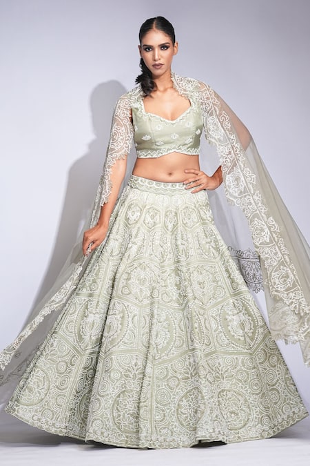 Shop Shruti S Green Silk, Organza Sequins, Pearls Sweetheart Neck Designer Lehenga Set Online at Aza Fashions Shop_Shruti S_Green Silk, Organza Sequins, Pearls Sweetheart Neck Designer Lehenga Set _Online_at_Aza_Fashions