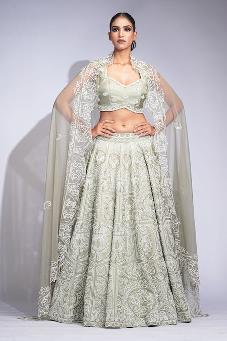 Shruti S Green Silk, Organza Sequins, Pearls Sweetheart Neck Designer Lehenga Set at Aza Fashions Shruti S_Green Silk, Organza Sequins, Pearls Sweetheart Neck Designer Lehenga Set _at_Aza_Fashions