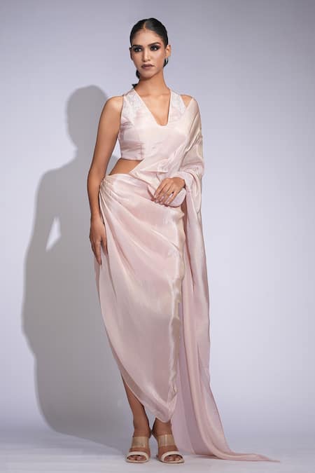 Shruti S Pink Tussar, Silk Sequins V-neck Padded Gold Designer Saree Set 