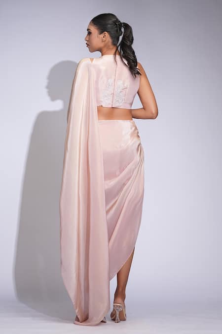 Shruti S Padded Pink Tussar Gold Designer Saree Set 